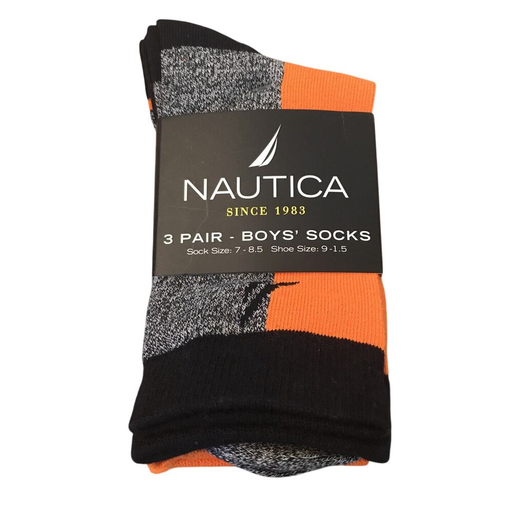 Nautica Boys New 3 Pair Crew Socks Orange Navy Blue Sock Size 7-8.5